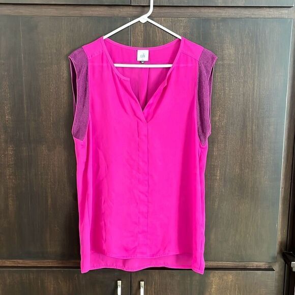 Cabi Campo Top Magenta Pink Notched V neck Mesh Cap Sleeves Small - Picture 2 of 5